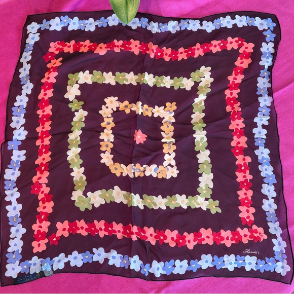 Vintage Harold's Silk Square Scarf, Red Green Yellow Blue Floral, 22 x 22 inches - Picture 2 of 7